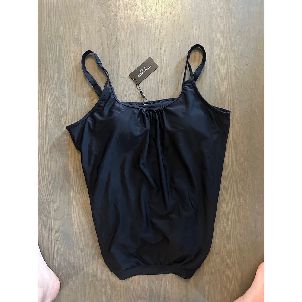 Ocean Blues Womens Black Blouson Tankini Top Adjustable Straps XL BU3268-800 NEW